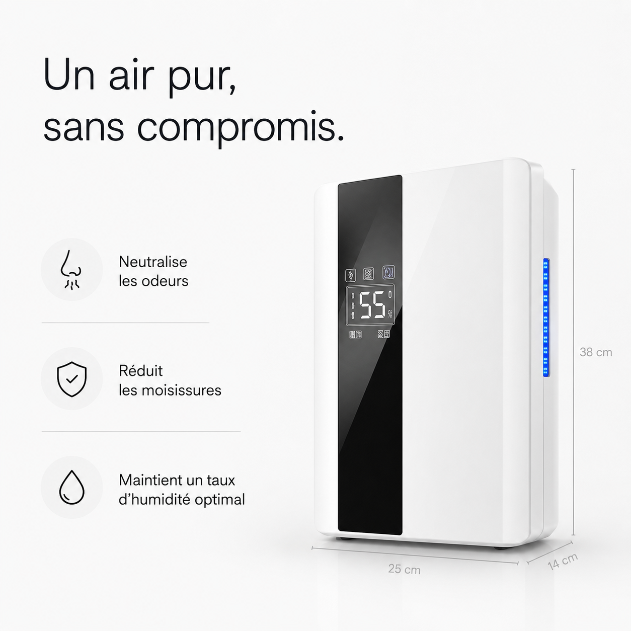 Déshumidificateur et purificateur 2,2 L Intelligent d’air 2-en-1