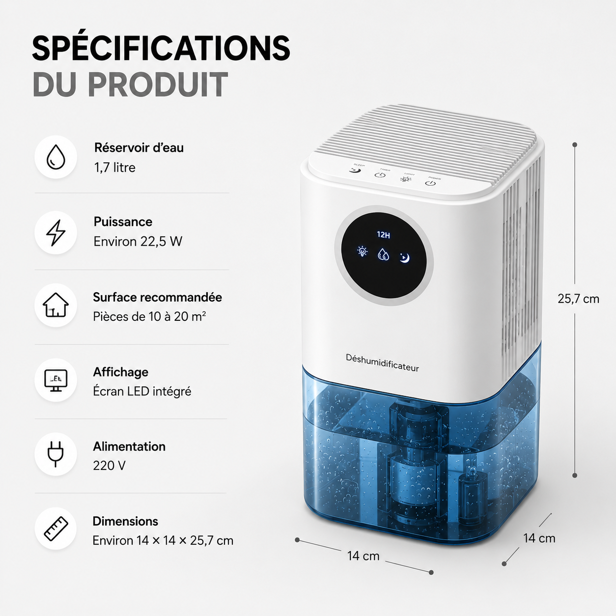 Déshumidificateur d’Air Portable – 1,7L, Silencieux & Veilleuse LED