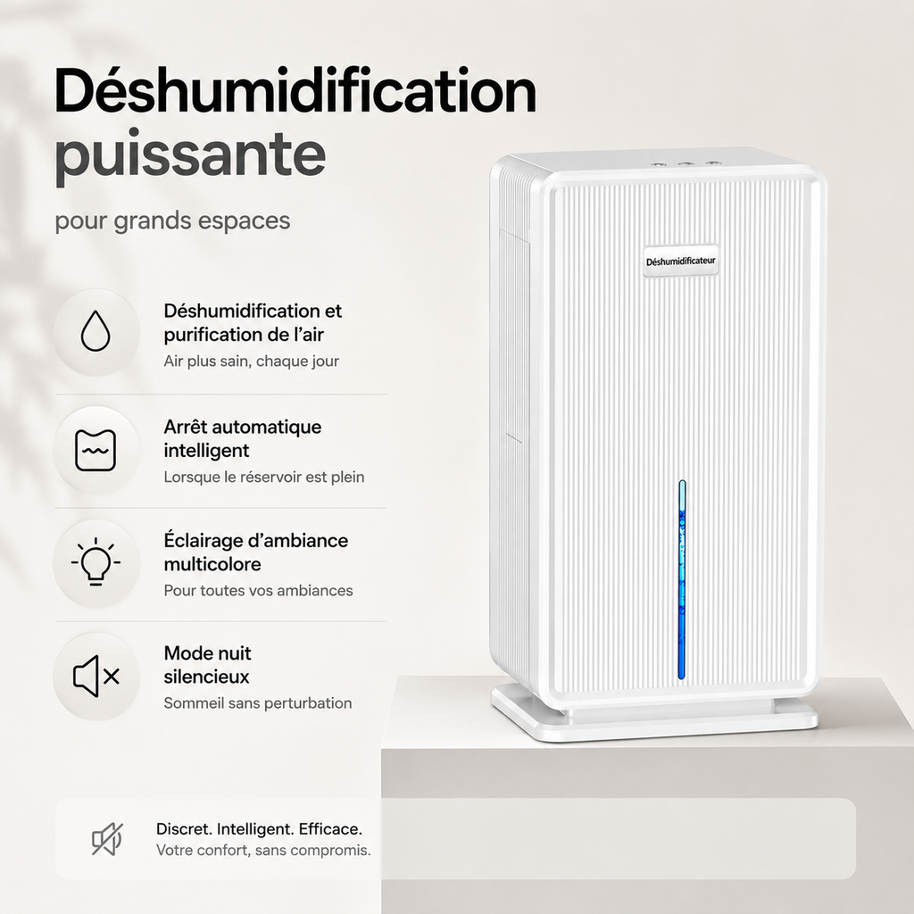 Déshumidificateur d’Air Électrique – Réservoir 3L, Mode Nuit Silencieux