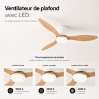 Ventilateur de plafond avec lumière, moteur DC silencieux et économe en énergie, 3 couleurs modifiables, 6 vitesses réglables, pour chambre et salon
