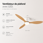 Ventilateur de plafond avec lumière, moteur DC silencieux et économe en énergie, 3 couleurs modifiables, 6 vitesses réglables, pour chambre et salon