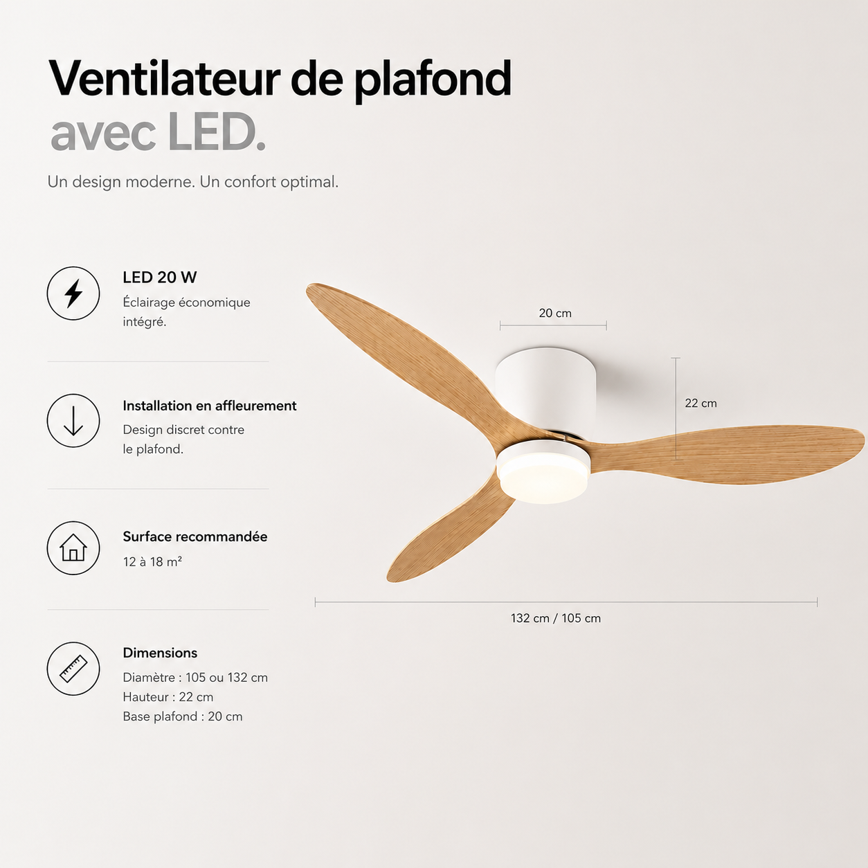 Ventilateur de plafond avec lumière, moteur DC silencieux et économe en énergie, 3 couleurs modifiables, 6 vitesses réglables, pour chambre et salon