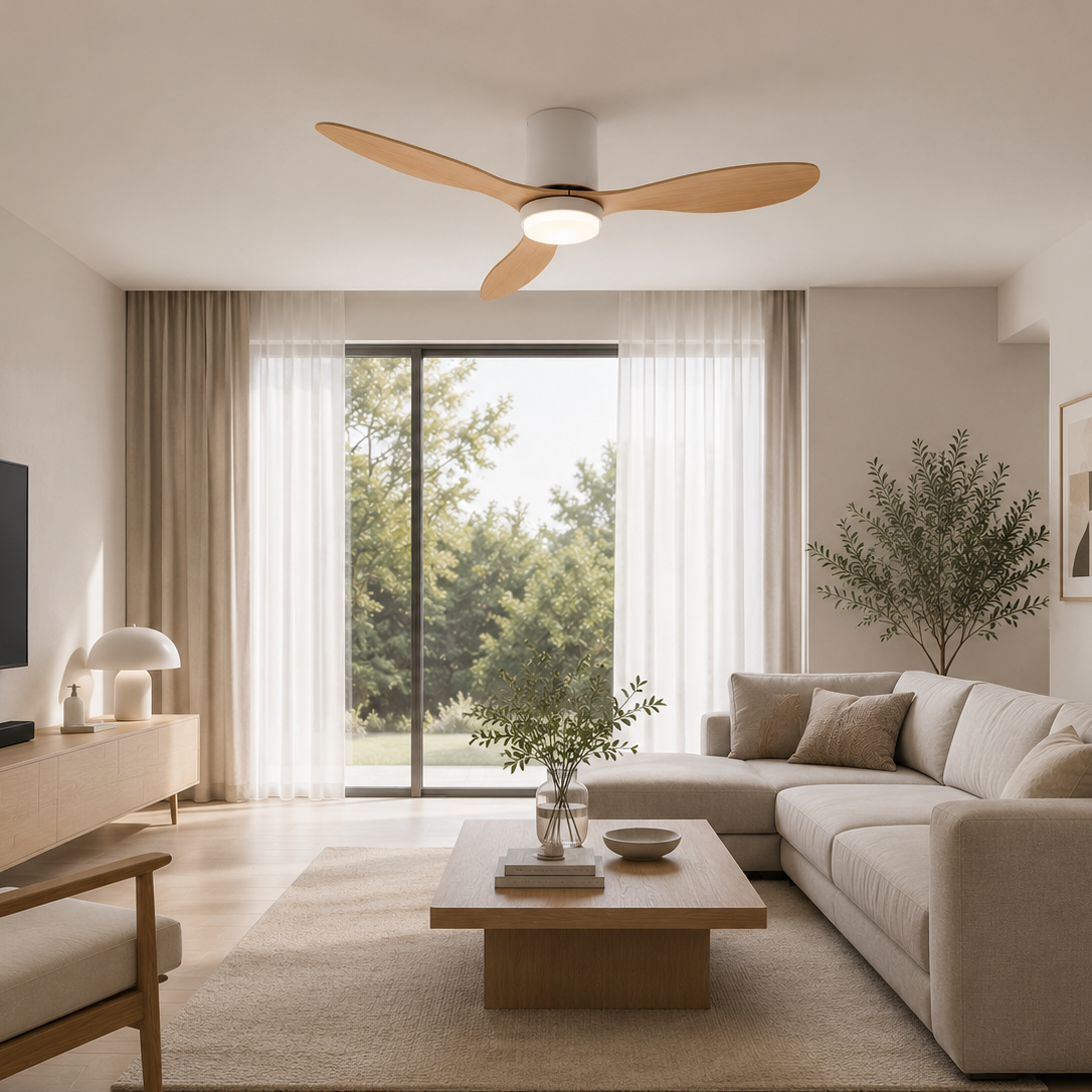 Ventilateur de plafond Bois avec lumière, moteur DC silencieux et économe en énergie, 3 couleurs modifiables, 6 vitesses réglables, pour chambre et salon