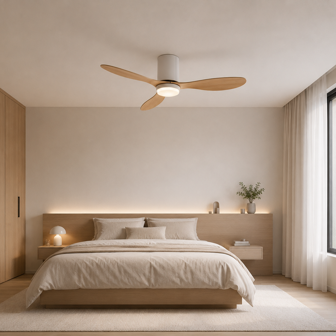 Ventilateur de plafond Bois avec lumière, moteur DC silencieux et économe en énergie, 3 couleurs modifiables, 6 vitesses réglables, pour chambre et salon