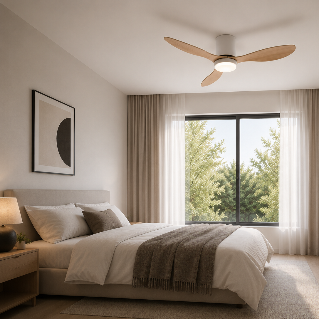 Ventilateur de plafond Bois avec lumière, moteur DC silencieux et économe en énergie, 3 couleurs modifiables, 6 vitesses réglables, pour chambre et salon