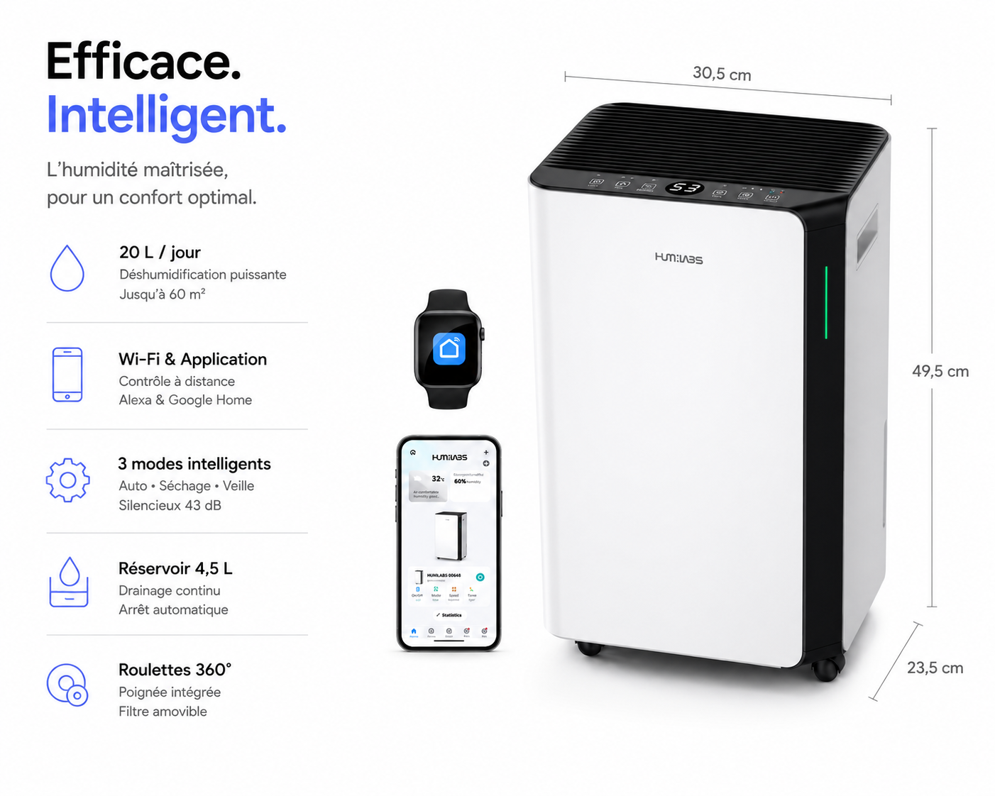 Déshumidificateur 20L WiFi - contrôle via application smartphone