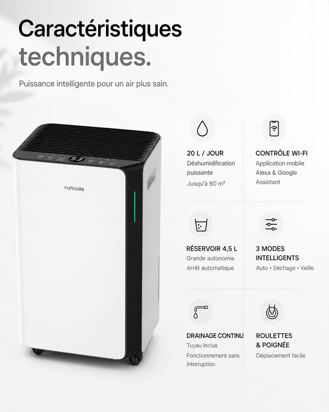 Déshumidificateur d'Air 20 L – Connecté Wi-Fi pour Maison jusqu'à 60 m²