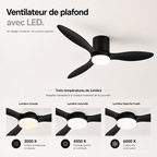 Ventilateur de plafond Noir avec lumière, moteur DC silencieux et économe en énergie, 3 couleurs modifiables, 6 vitesses réglables, pour chambre et salon (Copie)