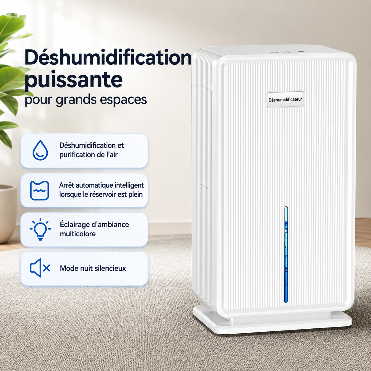 Déshumidificateur d’Air Électrique – Réservoir 3L, Mode Nuit Silencieux